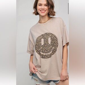 844 1X -3X 🌻 1 left EASEL HAPPY FACE khaki PRINT WASHED COTTON TOP